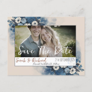 Elegante Navy Floral Photo Save the Date Briefkaart