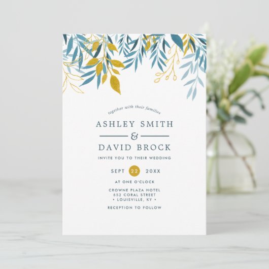 Elegante Navy Floral Waterverf bruiloft Kaart (Staand voorkant)