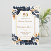 Elegante Navy & Gold 50e verjaardag uitnodiging (Staand voorkant)