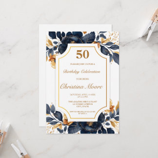Elegante Navy & Gold 50e verjaardag uitnodiging