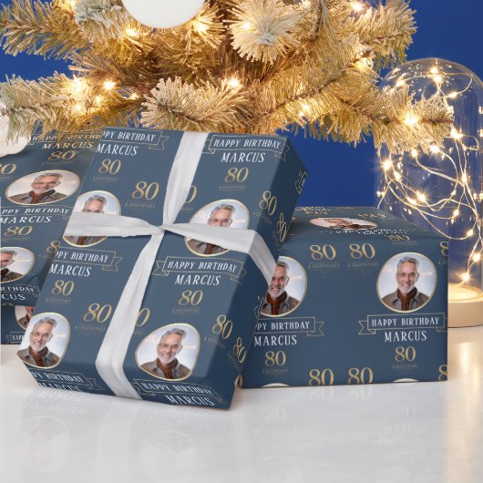 Elegante Navy & Gold 80e en legendarische verjaard Cadeaupapier (Feestdagen)