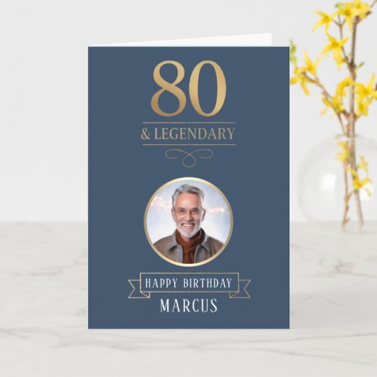 Elegante Navy & Gold 80e en legendarische verjaard Kaart (Gele Bloem)