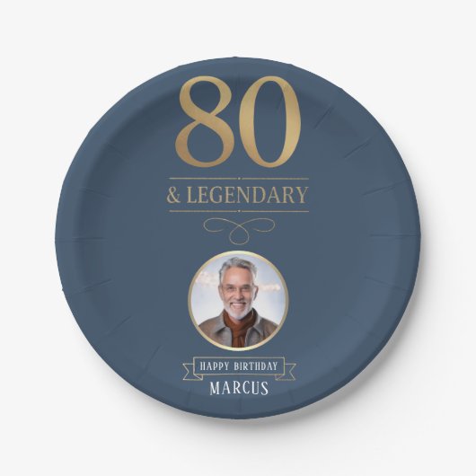 Elegante Navy & Gold 80e en legendarische verjaard Papieren Bordje (Voorkant)