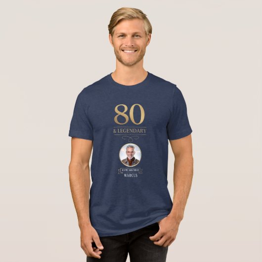 Elegante Navy & Gold 80e en legendarische verjaard Tri-Blend Shirt (Voorkant volledig)