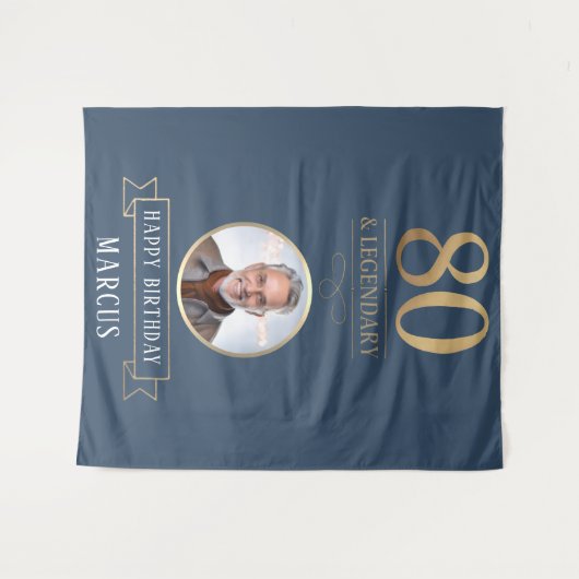 Elegante Navy & Gold 80e en legendarische verjaard Wandkleed (Voorkant (horizontaal))