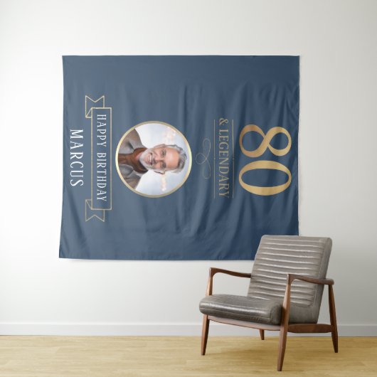 Elegante Navy & Gold 80e en legendarische verjaard Wandkleed (In Situ (horizontaal))