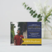 Elegante Navy & Gold Banner Foto Afstudeerfeest Uitnodiging Briefkaart (Staand voorkant)