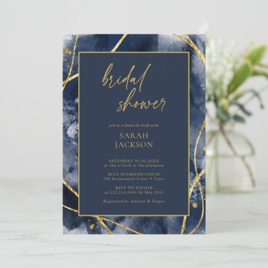 Elegante Navy & Gold Bruids Douche Uitnodiging (Staand voorkant)