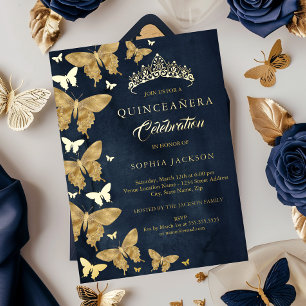 Elegante Navy Gold Butterfly Quinceanera Folie Uitnodiging