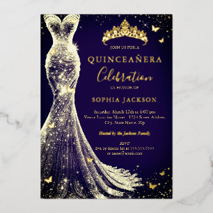 Elegante  Navy Gold Butterfly Quinceanera Folie Uitnodiging
