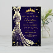 Elegante  Navy Gold Butterfly Quinceanera Folie Uitnodiging (Staand Voorkant)