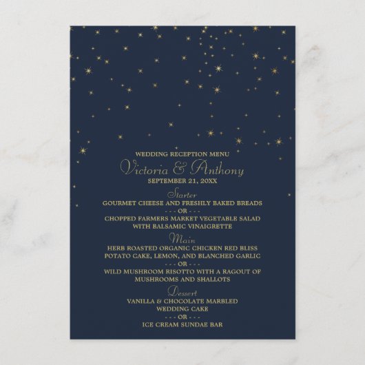 Elegante Navy & Gold Falling Stars Trouwmenu Menu (Voorkant)