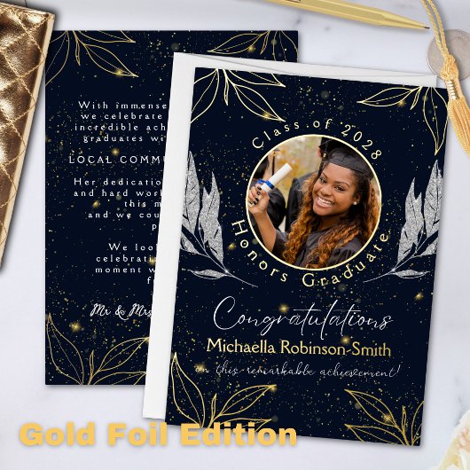 Elegante Navy Gold Foil Afstuderen aankondiging