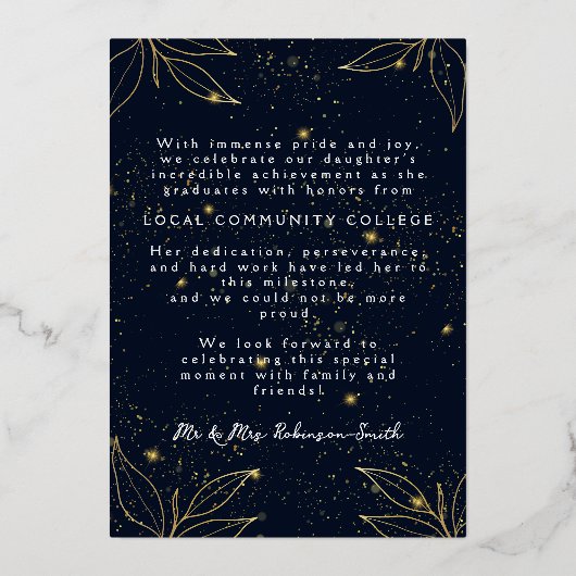 Elegante Navy Gold Foil Afstuderen aankondiging (Achterkant)