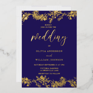 Elegante  Navy & Gold Foil Bloemen Huwelijk Folie Uitnodiging