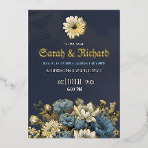 Elegante Navy & Gold Foil Bloemen Huwelijk