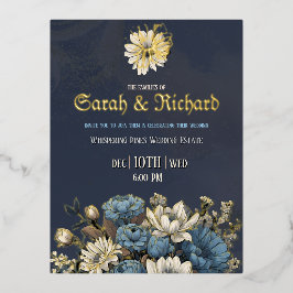 Elegante Navy & Gold Foil Bloemen Huwelijk Folie Uitnodiging Briefkaart