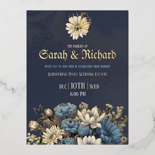 Elegante Navy Gold Foil Wedding Briefkaart (Voorkant)