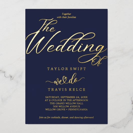 Elegante Navy & Gold Folie Wedding Uitnodiging (Voorkant)