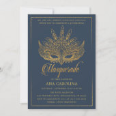 Elegante Navy Gold Glitter Masquerade Quinceañera Kaart (Voorkant)