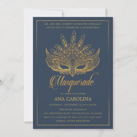 Elegante Navy Gold Glitter Masquerade Quinceañera Kaart (Voorkant)