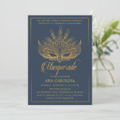 Elegante Navy Gold Glitter Masquerade Quinceañera Kaart (Staand voorkant)