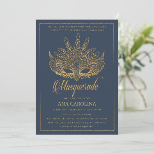 Elegante Navy Gold Glitter Masquerade Quinceañera Kaart (Staand voorkant)