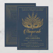 Elegante Navy Gold Glitter Masquerade Quinceañera Kaart (Voorkant / Achterkant)