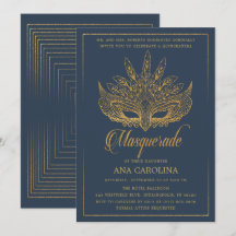 Elegante Navy Gold Glitter Masquerade Quinceañera