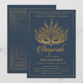 Elegante Navy Gold Glitter Masquerade Quinceañera Kaart