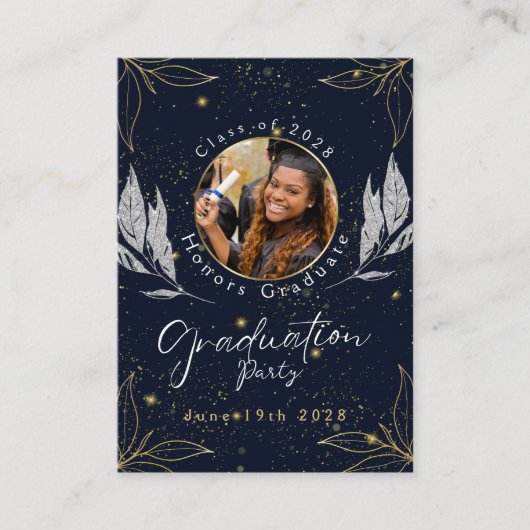 Elegante Navy Gold Graduation Party QR-code Informatiekaartje (Voorkant)