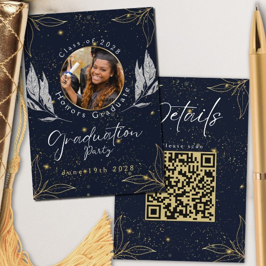 Elegante Navy Gold Graduation Party QR-code Informatiekaartje