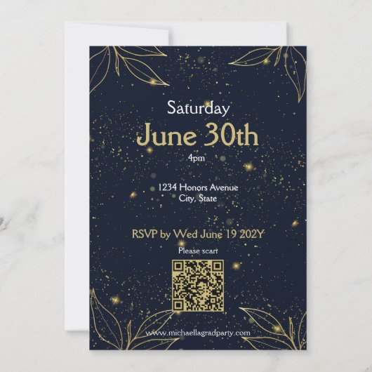 Elegante Navy Gold Graduation Party QR-code Kaart (Achterkant)