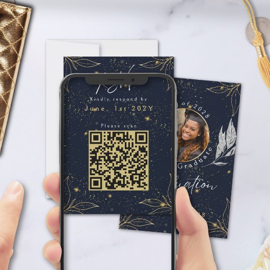 Elegante Navy Gold Graduation Party QR-code RSVP Kaartje
