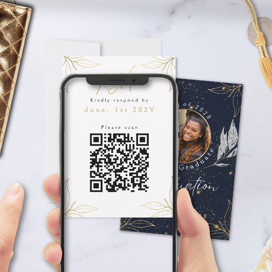 Elegante Navy Gold Graduation Party QR-code RSVP Kaartje