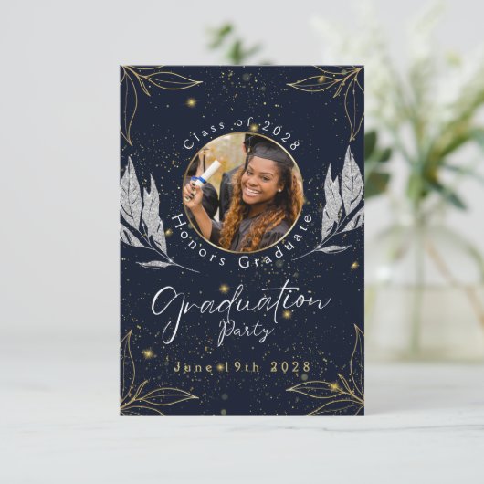 Elegante Navy Gold Graduation Party RSVP Kaartje (Staand voorkant)