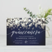 Elegante Navy & Gold Lights Quinceanera Kaart (Staand voorkant)