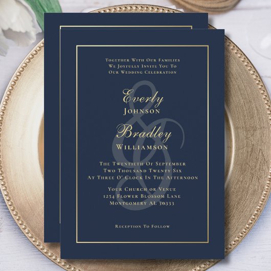 Elegante Navy Gold Minimal Foto QR Code Huwelijk Kaart