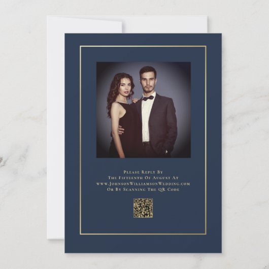 Elegante Navy Gold Minimal Foto QR Code Huwelijk Kaart (Achterkant)