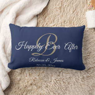 Elegante Navy Gold Monogrammen Gelukkig Nooit Na Kussen