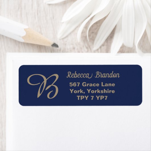 Elegante Navy Gold Naam Monogram Retouradres Etiket (Insitu)