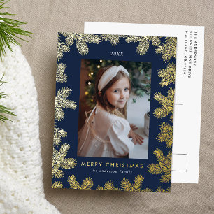 Elegante Navy Gold Pine Lijst Foto Folie Feestdagen Briefkaart