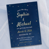 Elegante Navy & Gold Stars Celestial Save the Date Folie Uitnodiging