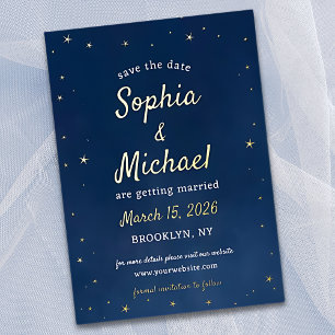 Elegante Navy & Gold Stars Celestial Save the Date Folie Uitnodiging