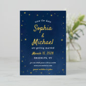 Elegante Navy & Gold Stars Celestial Save the Date Folie Uitnodiging (Staand Voorkant)