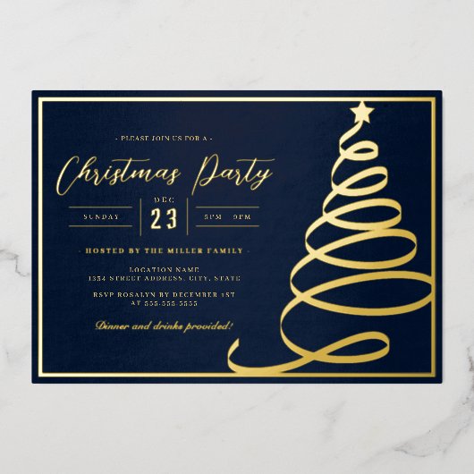 Elegante Navy Gold Tree Kerstfeest Folie Uitnodiging (Voorkant)