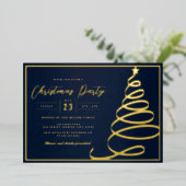 Elegante Navy Gold Tree Kerstfeest Folie Uitnodiging (Staand Voorkant)