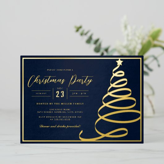 Elegante Navy Gold Tree Kerstfeest Folie Uitnodiging (Staand Voorkant)