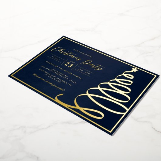 Elegante Navy Gold Tree Kerstfeest Folie Uitnodiging (Gedraaid)
