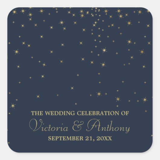 Elegante Navy & Gold Vallende Sterren Bruiloft Bed Vierkante Sticker (Voorkant)